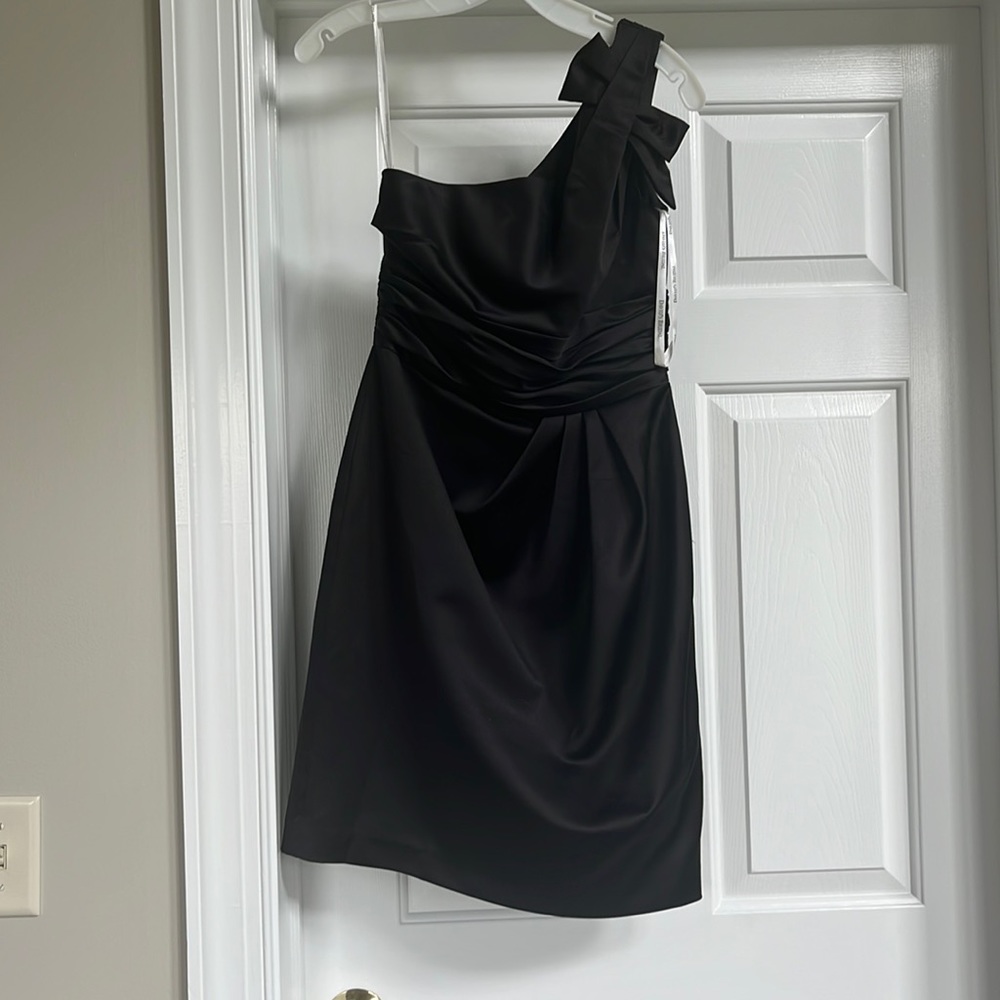 David’s Bridal satin one shoulder dress with ruching, style 8433, black size 2